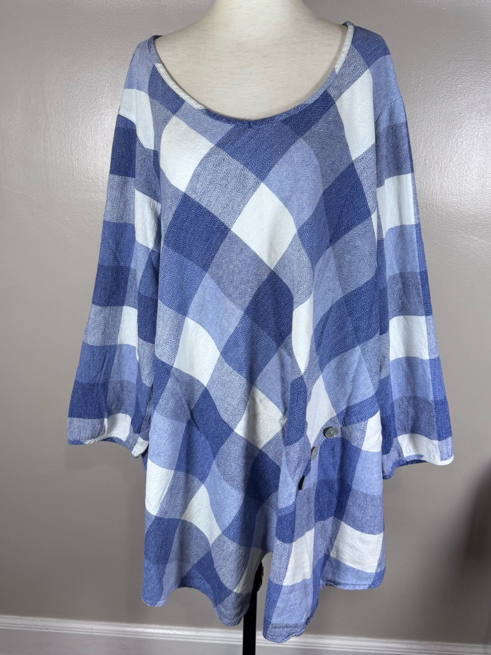 Ali Miles Blue White Plaid Buttons Plus Size 3X Lagenlook Linen Blend Swing Top